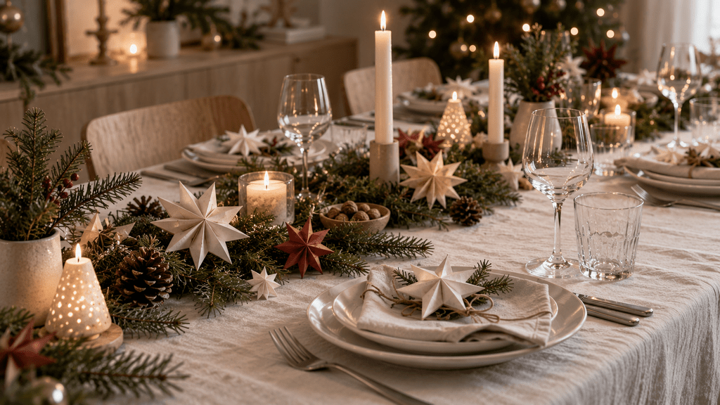 Skandinavische Weihnachtstafel mit heller Leinentischdecke, weißen Tellern, Tannenzweigen, Kerzen und gefalteten Papiersternen in Creme und gedecktem Rot.
