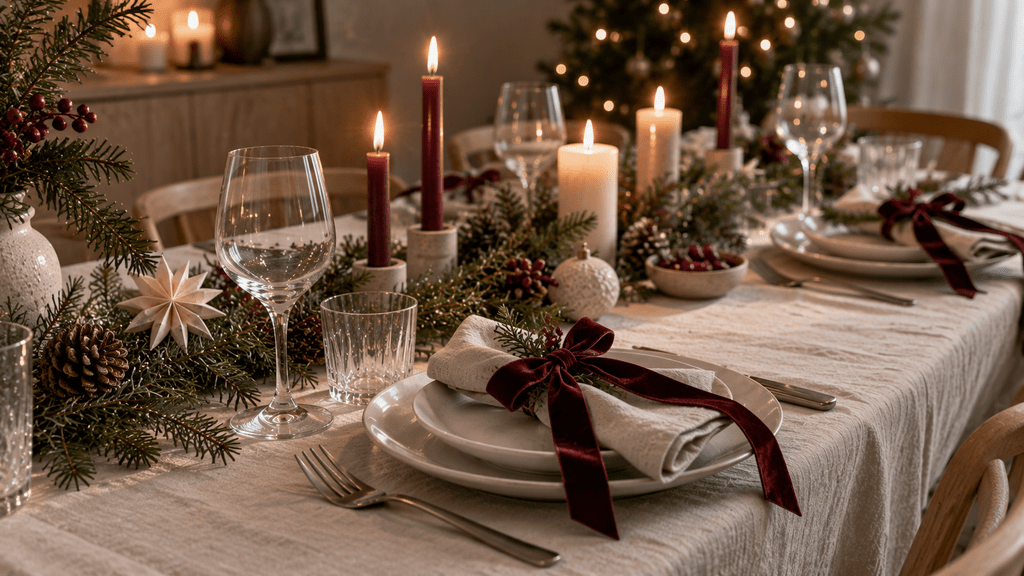Skandinavische Weihnachtstafel mit cremefarbenen Stoffservietten, bordeauxroten Samtschleifen, weißen Tellern, Tannengrün und passenden dunkelroten Kerzen.