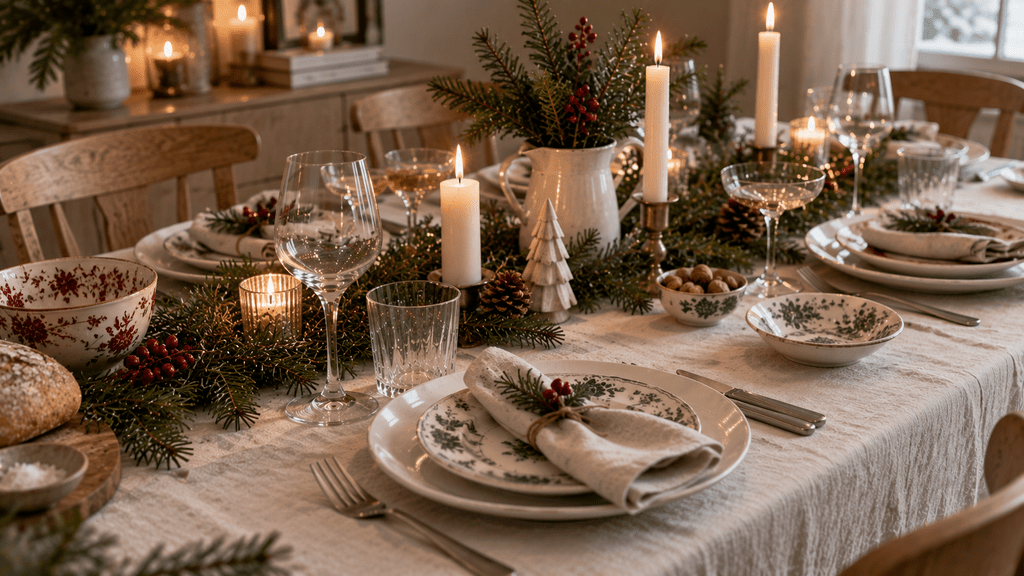 Skandinavische Weihnachtstafel mit schlichtem weißem Geschirr, gemusterten Vintage-Tellern und Schalen, unterschiedlichen Gläsern, Tannengrün und weißen Kerzen.