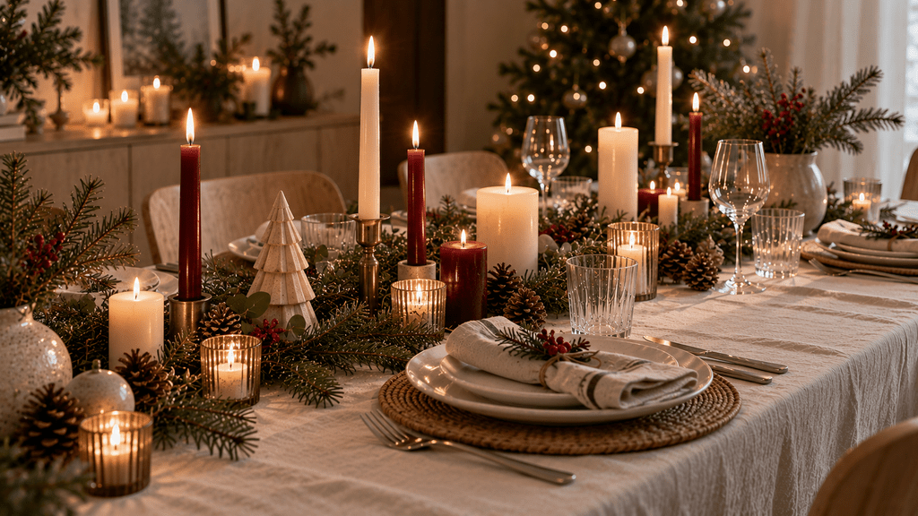 Skandinavische Weihnachtstafel mit unterschiedlich hohen Kerzen in Creme und Bordeaux, Teelichtern im Glas, Tannengrün, weißen Tellern und heller Leinentischdecke.
