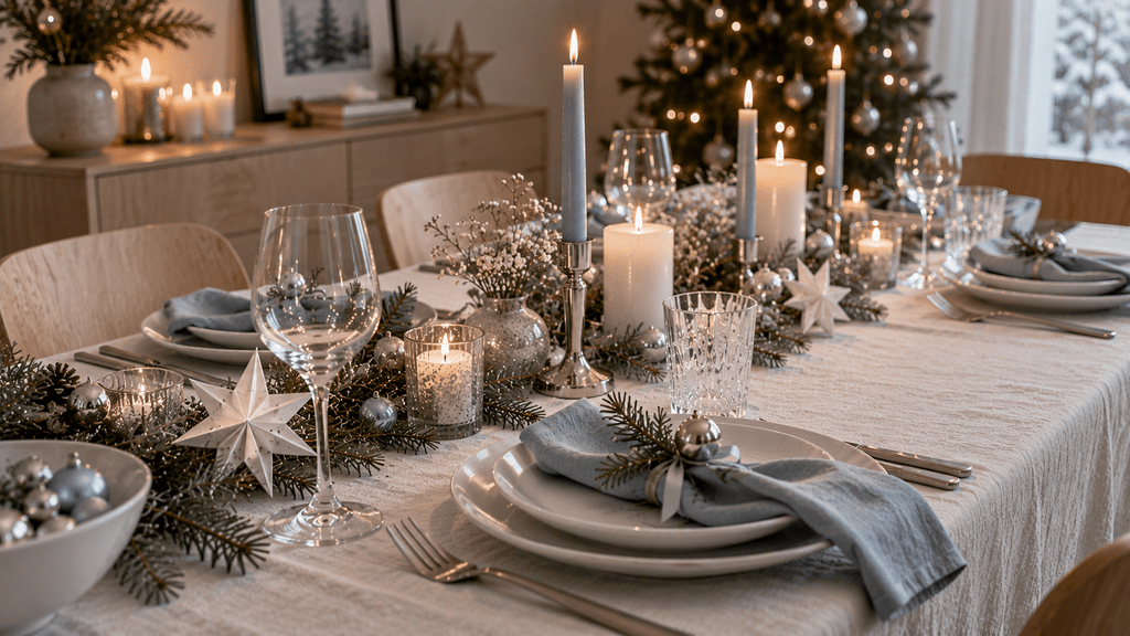 Skandinavische Weihnachtstafel in Eisblau und Silber mit cremefarbener Tischdecke, hellblauen Stoffservietten, weißen Tellern, silbernen Kerzenhaltern, klaren Gläsern und Papiersternen.