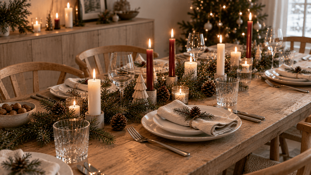 Skandinavische Weihnachtstafel auf sichtbarem Holztisch mit weißen Tellern, hellen Stoffservietten, klaren Gläsern, Tannenzweigen, Zapfen sowie cremefarbenen und dunkelroten Kerzen.