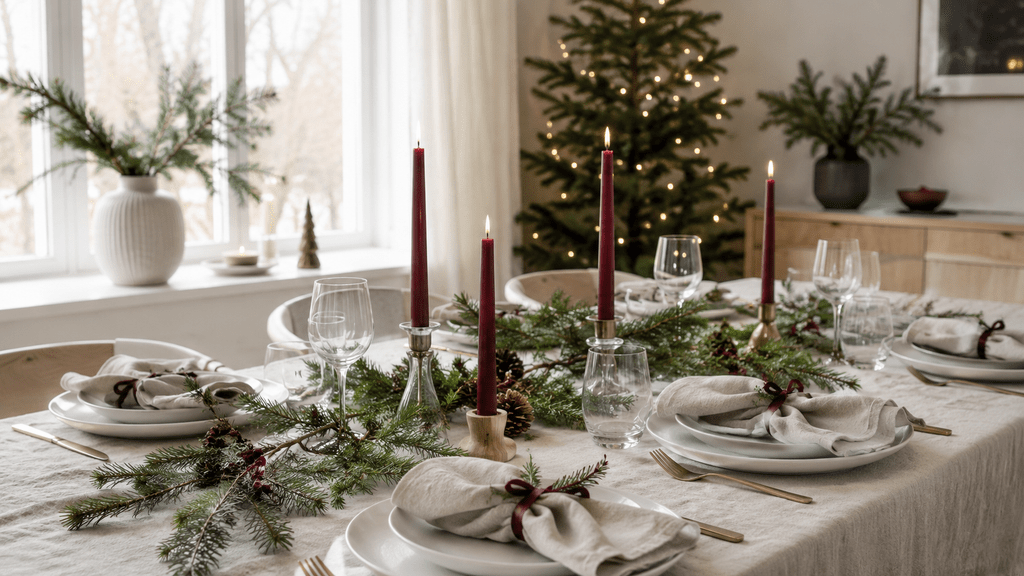 Skandinavische Weihnachtstafel mit Bordeaux Kerzen, heller Leinentischdecke, Tannenzweigen, weißen Tellern und schlichten Kerzenhaltern.