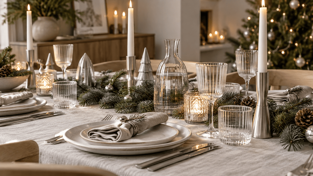 Skandinavische Weihnachtstafel mit geriffelten Gläsern, mattsilbernen Kerzenhaltern und Besteck, Tannengrün, cremefarbener Tischdecke und warmem Kerzenlicht.