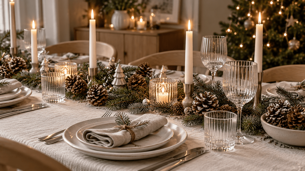 Skandinavische Weihnachtstafel mit Tannenzweigen, unterschiedlich großen Zapfen, weißen Kerzen, geriffelten Gläsern und heller Tischdecke.