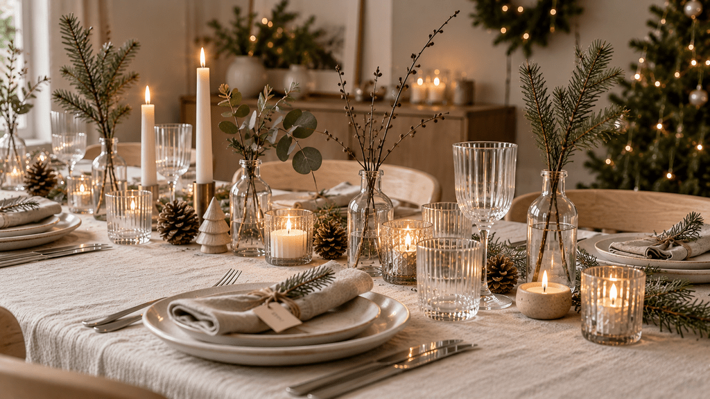 Skandinavische Weihnachtstafel mit kleinen Glasflaschen und einzelnen Tannen-, Eukalyptus- und Zweigen, kombiniert mit Kerzen, Tannengrün und heller Tischdecke.