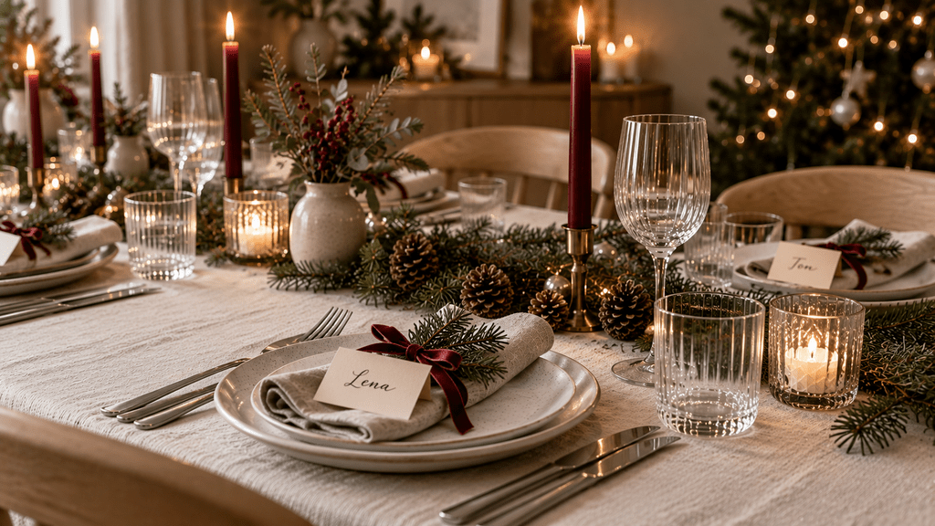 Skandinavische Weihnachtstafel mit cremefarbenen Namenskärtchen auf Leinenservietten, kleinen Tannenzweigen, Bordeaux Samtbändern, Kerzen und Tannengrün.