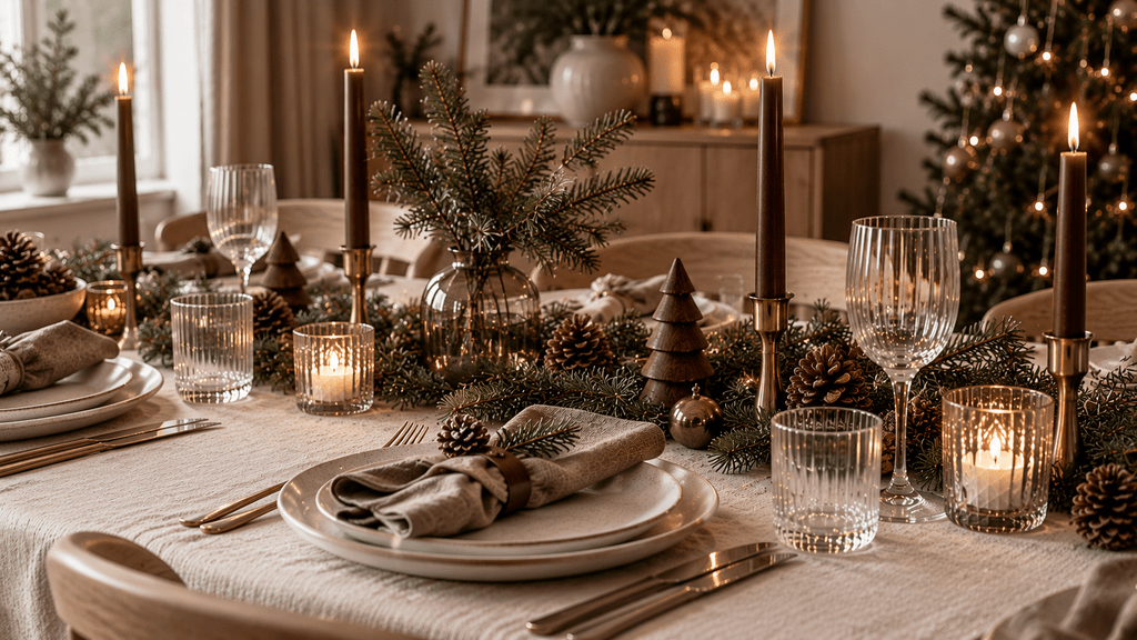 Skandinavische Weihnachtstafel in Creme und Schokobraun mit braunen Kerzen, taupefarbenen Stoffservietten, Holzdetails, Tannengrün und dezenten Messingakzenten.