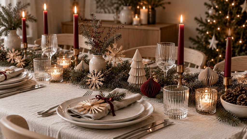 Skandinavische Weihnachtstafel mit Strohsternen und Papieranhängern, weißem Geschirr, Leinenservietten, Tannenzweigen und dezenten roten Kerzen.