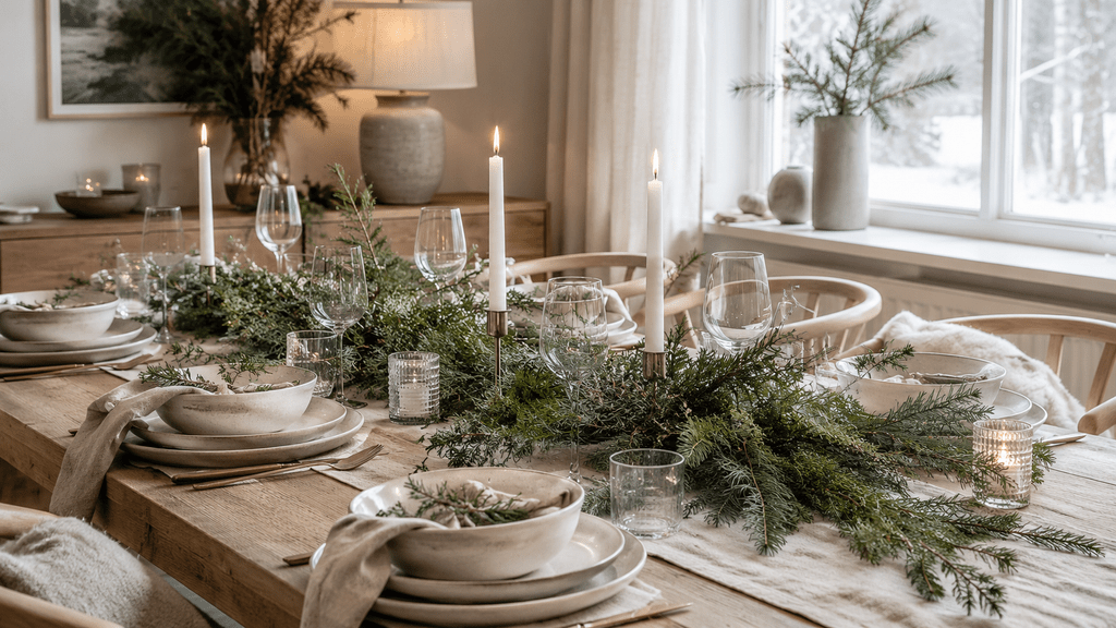 Skandinavische Weihnachtstafel mit locker arrangierten Tannen-, Kiefern- und Wacholderzweigen, weißen Kerzen und neutralem Geschirr.
