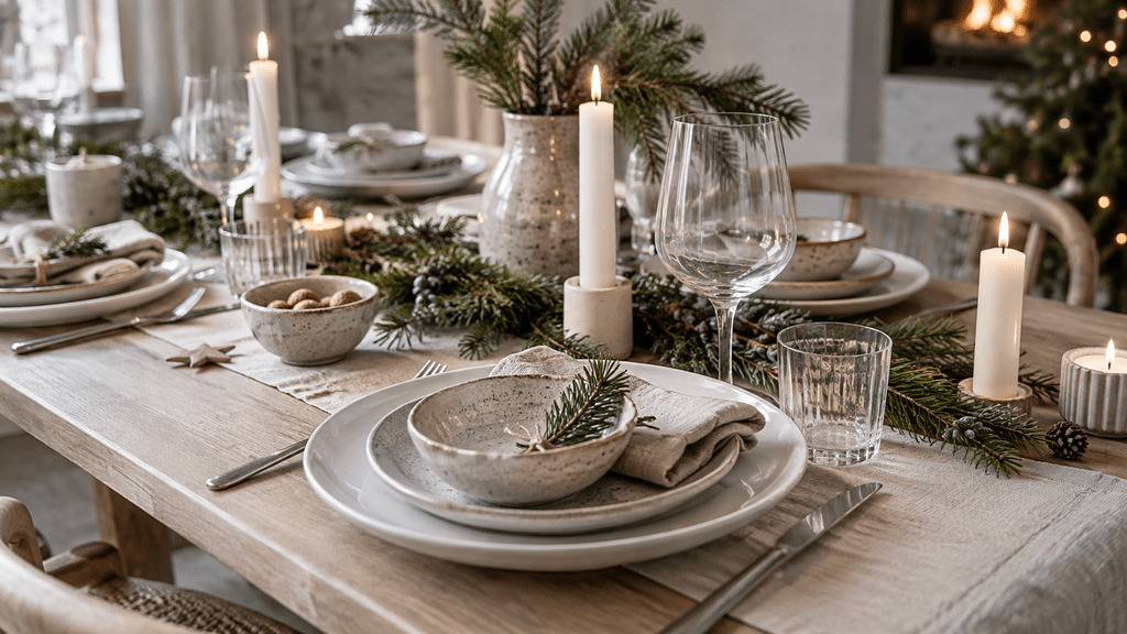 Skandinavische Weihnachtstafel mit weißem Porzellan, handgemachter Keramik in Creme und Sand, Leinenservietten, Tannenzweigen und weißen Kerzen.