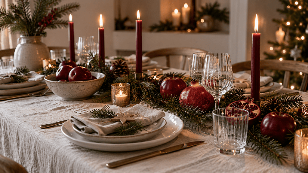Skandinavische Weihnachtstafel mit roten Äpfeln und Granatäpfeln zwischen Tannenzweigen, dunkelroten Kerzen, hellem Geschirr und klarem Glas.
