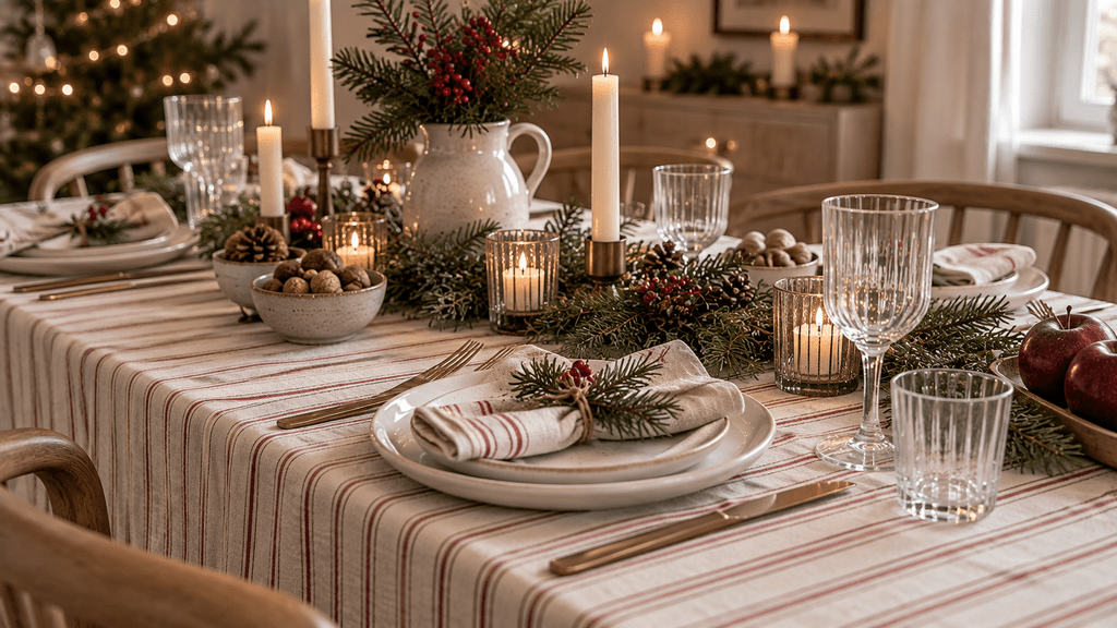 Skandinavische Weihnachtstafel mit dezent rot gestreifter Tischdecke, weißem Geschirr, klaren Gläsern, Tannenzweigen und schlichten Kerzen.