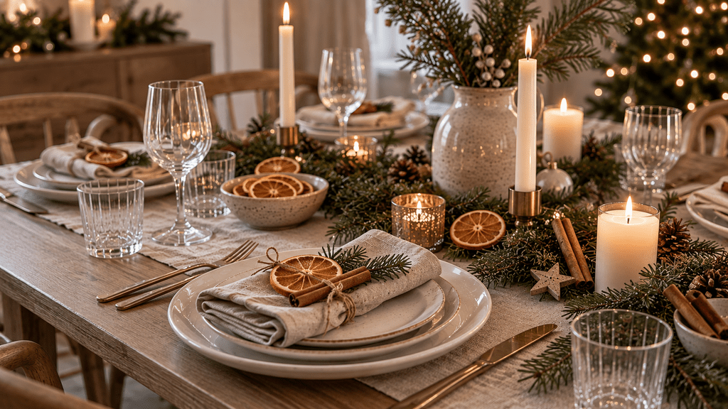 Skandinavische Weihnachtstafel mit getrockneten Orangenscheiben, Zimtstangen, Tannenzweigen, hellem Geschirr und warmem Kerzenlicht.