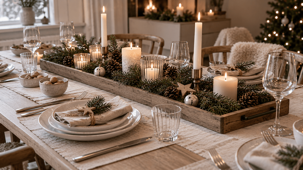 Skandinavische Weihnachtstafel mit langem Holztablett, dekoriert mit Tannenzweigen, Zapfen, Holzsternen und verschiedenen Kerzen.