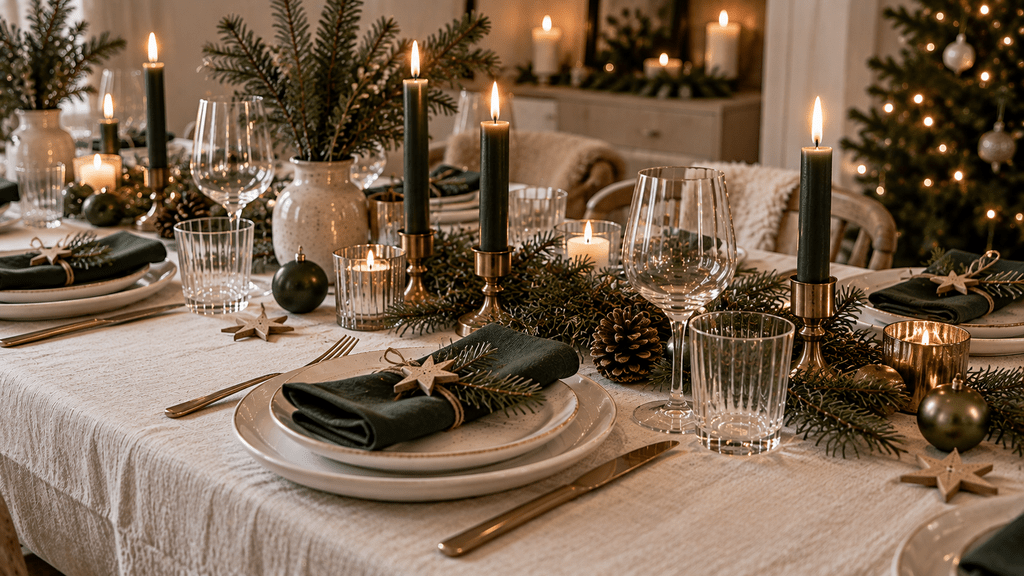 Skandinavische Weihnachtstafel in Dunkelgrün und Creme mit grünen Stoffservietten und Kerzen, hellem Geschirr, Tannenzweigen, klarem Glas und Messingdetails.