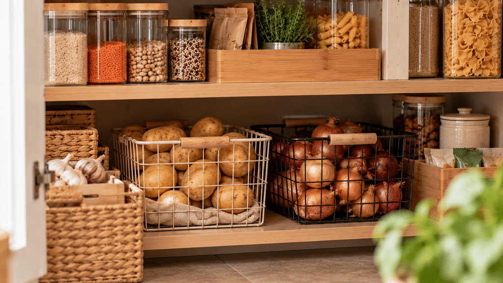 Organisierter Vorratsschrank mit Kartoffeln in einem cremefarbenen Metallkorb und Zwiebeln in einem schwarzen Drahtkorb im unteren, dunkleren Regalbereich. Darüber stehen Vorratsgläser, Holzkisten und weitere Lebensmittel ordentlich sortiert, während natürliche Materialien für ein ruhiges Gesamtbild sorgen.