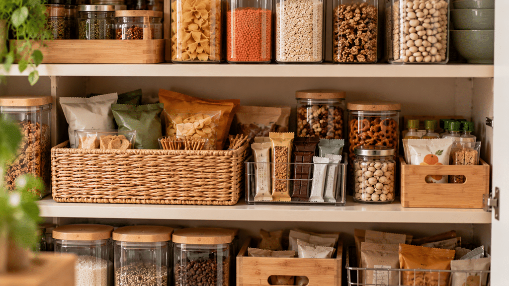 Organisierte Snack-Zone im Vorratsschrank mit großem Korb für Chips und Cracker, kleiner transparenter Box für Müsliriegel und Schokolade sowie Gläsern mit Nüssen und Brezeln. Ergänzt durch Vorratsbehälter aus Glas und Holz entsteht ein übersichtlicher, harmonischer Gesamtlook.