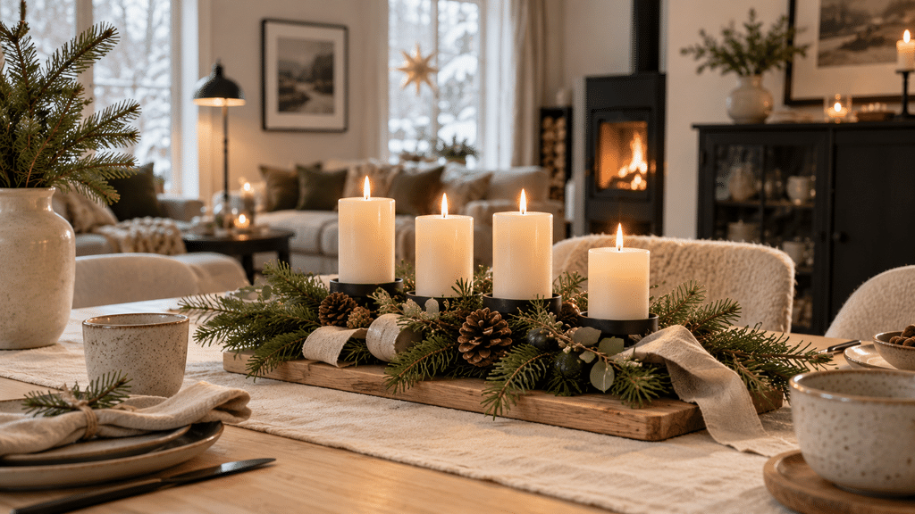 Skandinavischer Adventskranz mit cremefarbenen Kerzen, Tannengrün und schmalen Leinenbändern in Beige und gedecktem Grün auf einem Holztisch.