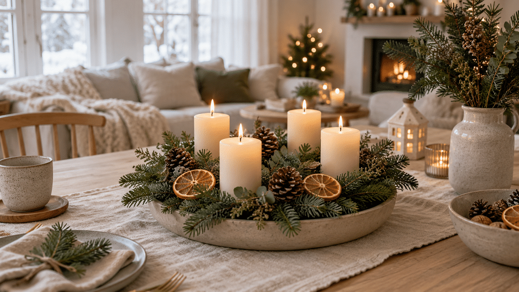 Skandinavischer Adventskranz aus dunklem Tannengrün mit vier cremefarbenen Kerzen, braunen Zapfen und dezent eingesetzten getrockneten Orangenscheiben auf einem hellen Holztisch.