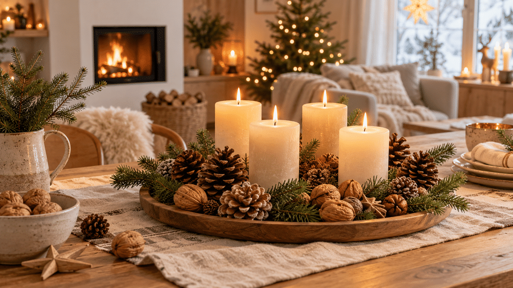 Skandinavischer Adventskranz mit vier cremefarbenen Kerzen, Kiefernzapfen, Walnüssen und Tannenzweigen auf einem runden Holzbrett.