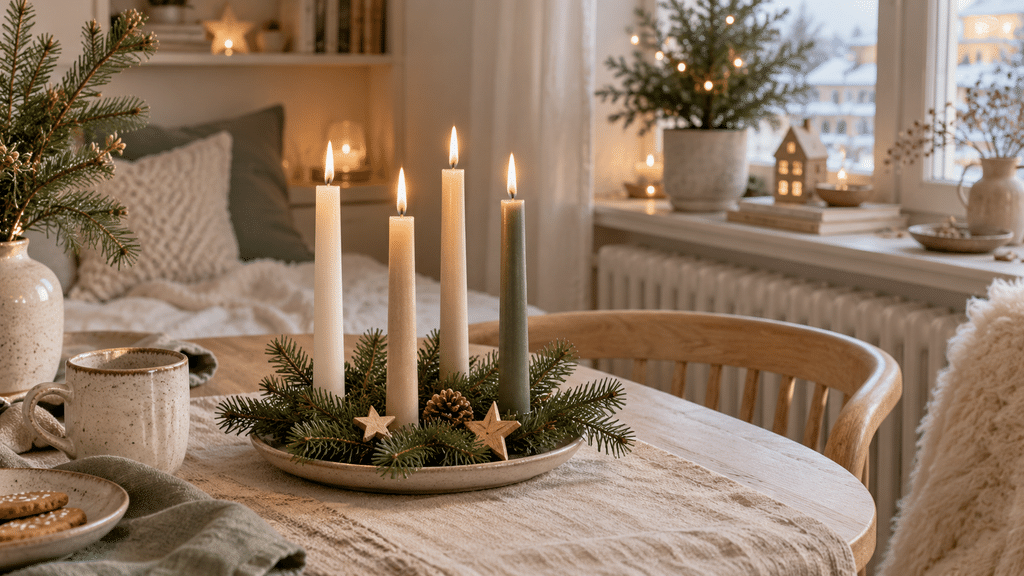 Kleiner skandinavischer Adventskranz auf Keramikteller mit vier schmalen Kerzen, lockeren Tannenzweigen, Zapfen und Holzsternen.