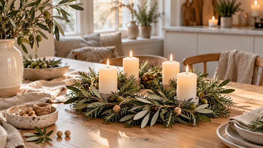 Skandinavischer Adventskranz aus Rosmarin und Olivenzweigen mit vier cremefarbenen Kerzen, kleinen Oliven und Holzperlen auf einem hellen Holztisch.