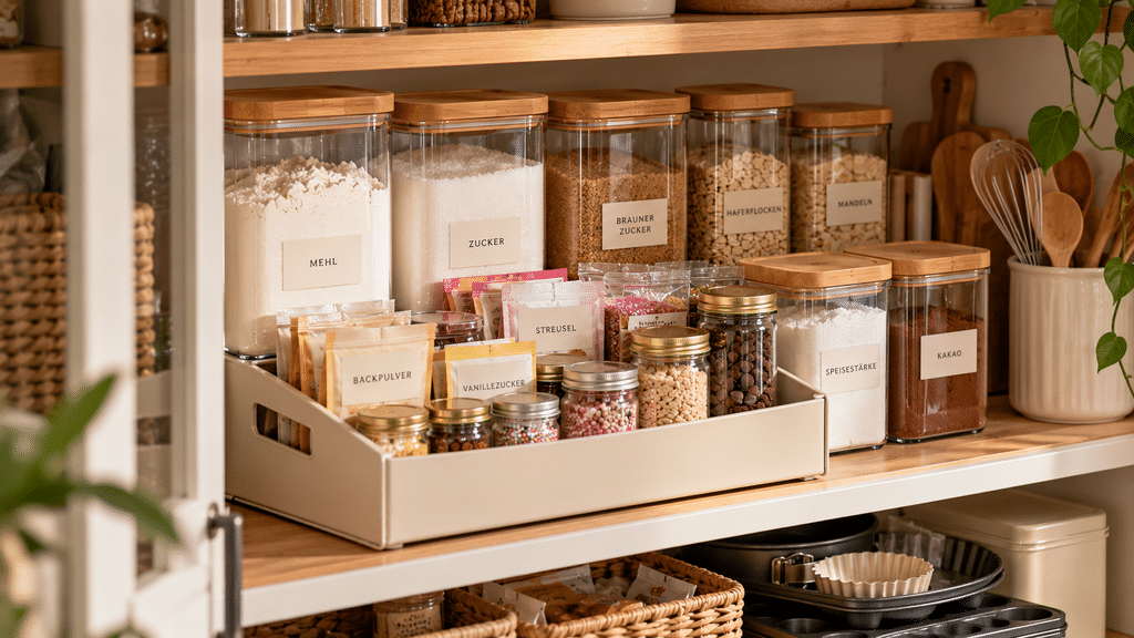 Organisierter Backbereich im Vorratsschrank mit großen Vorratsgläsern für Mehl und Zucker sowie einer herausnehmbaren Box für Backpulver, Vanillezucker, Streusel und weitere kleine Backzutaten.