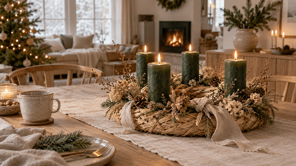 Skandinavischer Adventskranz aus hellem Stroh, Trockenblumen und Leinen mit vier dunkelgrünen Kerzen auf einem natürlichen Holztisch.