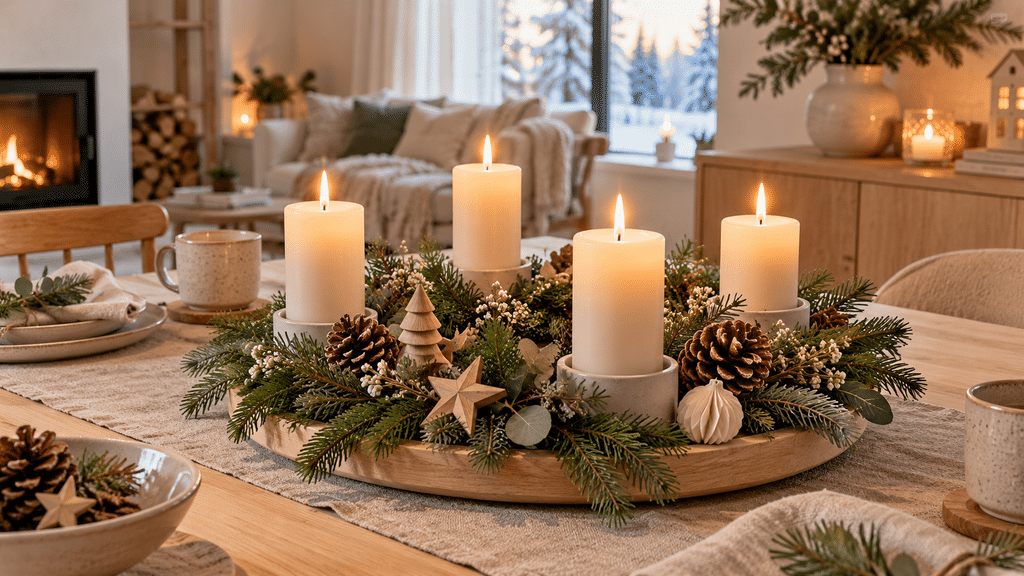 Skandinavischer Adventskranz mit frischem Tannengrün, wiederverwendbarer Holzdeko, Zapfen und vier cremefarbenen Kerzen auf einer hellen Holzbasis.