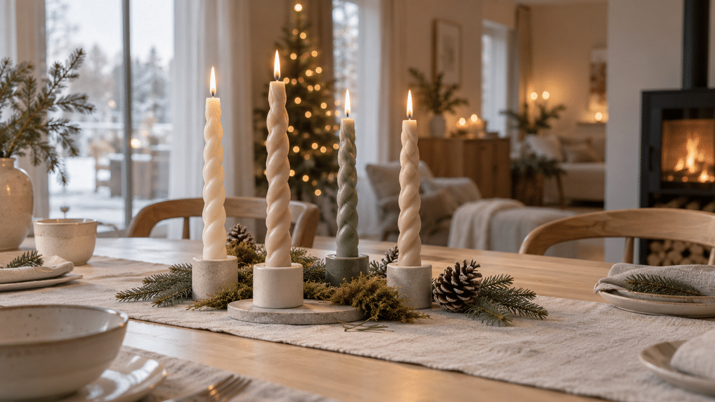 Skandinavischer Adventskranz mit vier gedrehten Stabkerzen in Creme, Beige und gedecktem Grün, dekoriert mit Moos, Tannenzweigen und Zapfen.