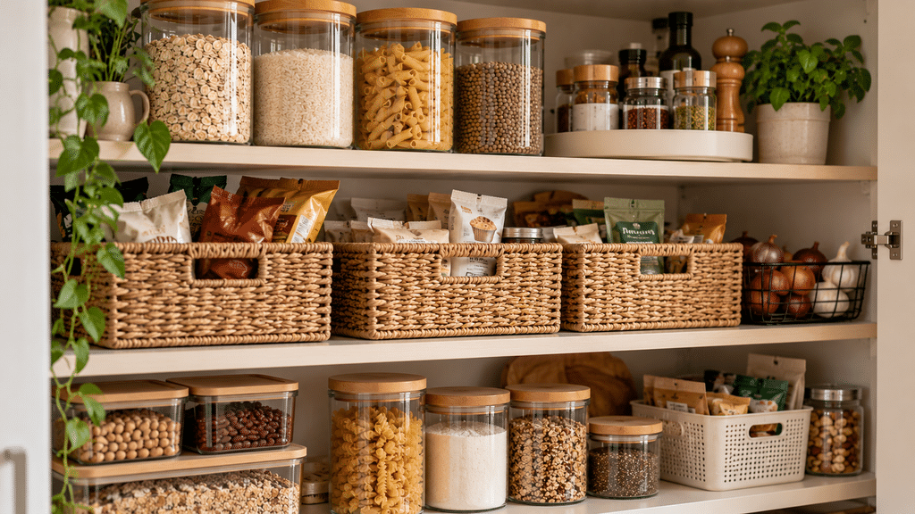 Hyperrealistischer organisierter Vorratsschrank mit großen Körben aus Seegras für bunte Snack- und Backverpackungen, ergänzt durch transparente Vorratsgläser, Gewürze und natürliche Küchenaccessoires in warmen Beige- und Holztönen.