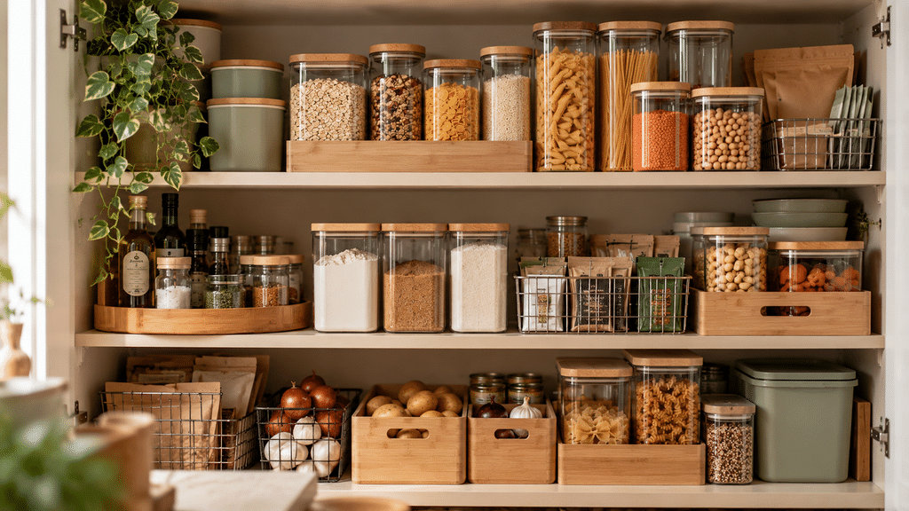 Ruhig organisierter Vorratsschrank in Creme, Beige, hellem Holz und sanftem Salbeigrün mit transparenten Vorratsgläsern, Bambusdeckeln, Körben und Boxen für Nudeln, Haferflocken, Hülsenfrüchte, Gewürze und weitere Lebensmittel.