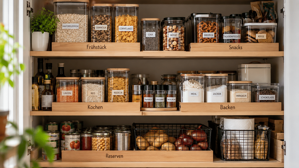 Offener, ordentlich organisierter Vorratsschrank mit festen Bereichen für Frühstück, Kochen, Backen, Snacks und Reserven. Holzregale, beschriftete Aufbewahrungsboxen, Gläser und Körbe mit Haferflocken, Nudeln, Mehl, Gewürzen, Nüssen und Konserven zeigen ein strukturiertes, alltagstaugliches Ordnungssystem.