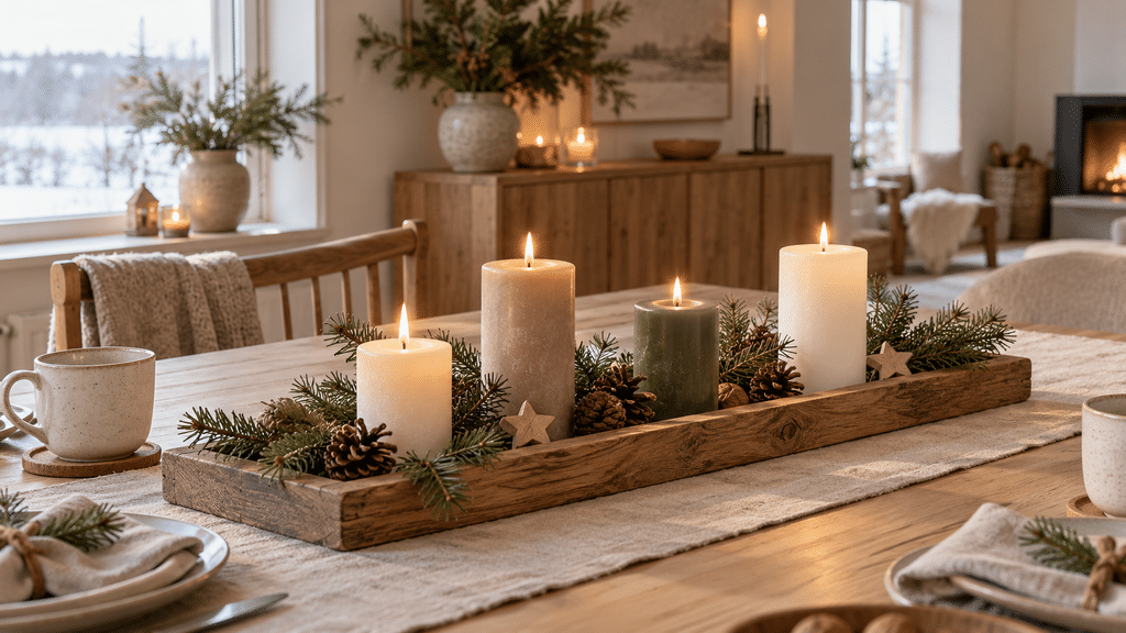 Skandinavisches Adventsgesteck auf einem länglichen Holztablett mit vier Kerzen in Creme, Taupe und Dunkelgrün, Tannenzweigen, Zapfen und kleinen Holzsternen.