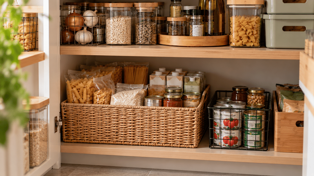 Organisierter Vorratsschrank mit separatem Reservebereich im unteren Regal. Ein großer Korb bündelt zusätzliche Packungen Nudeln, Reis und Hafermilch, daneben stehen Konserven und haltbare Vorräte übersichtlich in einem Metallkorb. Darüber bleiben häufig genutzte Lebensmittel in Gläsern und auf einem Drehtablett leicht erreichbar.