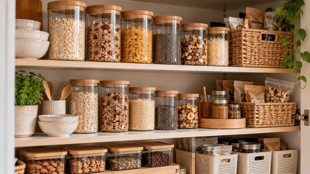 Hyperrealistische Frühstücksecke im organisierten Vorratsschrank mit Haferflocken, Müsli, Nüssen und Samen in transparenten Glasbehältern mit Holzdeckeln, ergänzt durch kleine Vorratskörbe und natürliche Accessoires in hellen Beige- und Holztönen.