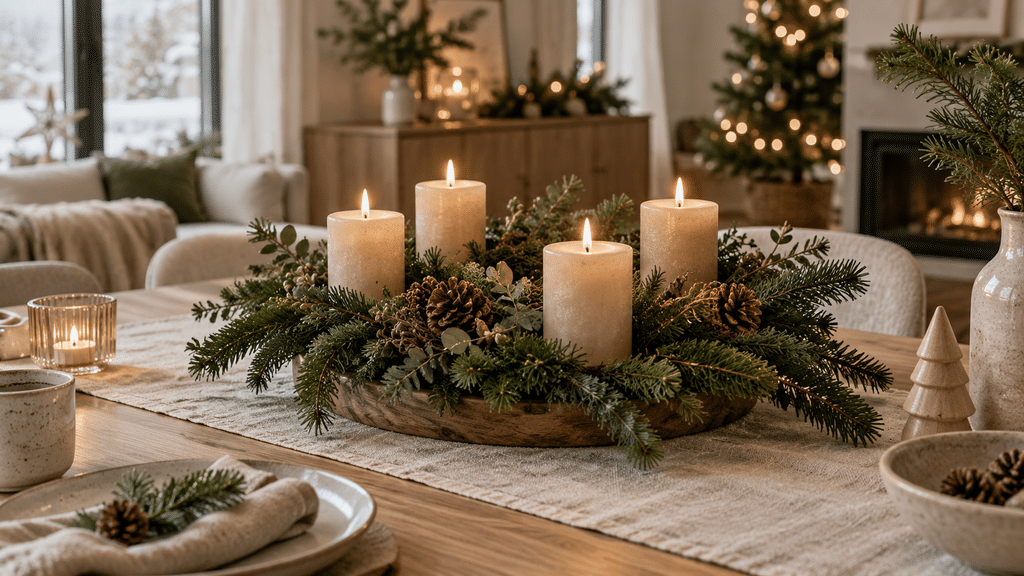 Skandinavischer Adventskranz mit vier beigen Stumpenkerzen, tiefgrünen Tannen- und Kiefernzweigen und braunen Zapfen auf einer dunklen Holzplatte.