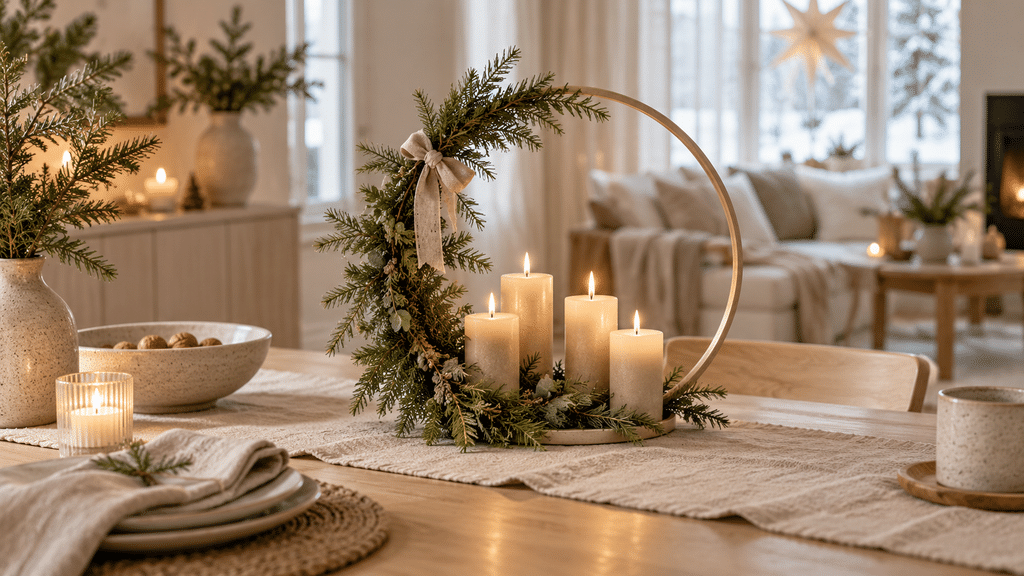 Skandinavischer halb gebundener Adventskranz auf einem Holzring mit Tannen- und Kiefernzweigen, vier beigen Kerzen und kleinem Leinenband auf einem hellen Holztisch.