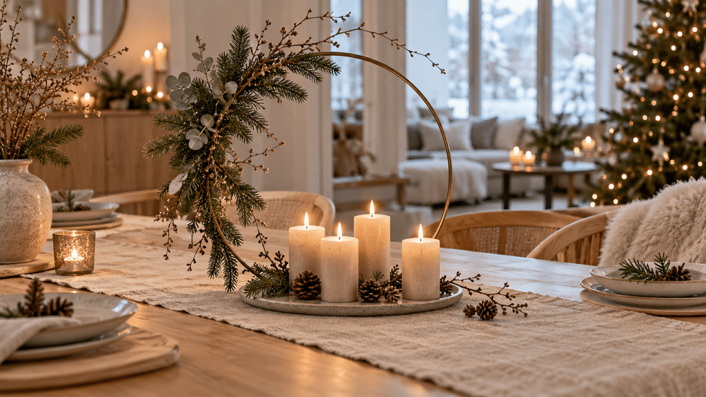 Moderner skandinavischer Adventskranz mit asymmetrisch dekoriertem Metallring, Tannengrün und Eukalyptus sowie vier beigen Kerzen auf einer schlichten Platte.
