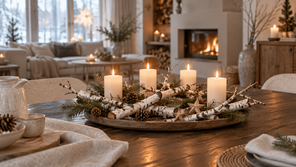 Skandinavischer Adventskranz mit Birkenzweigen, vier weißen Kerzen, Tannengrün und kleinen Holzsternen auf einem dunklen Holztisch.