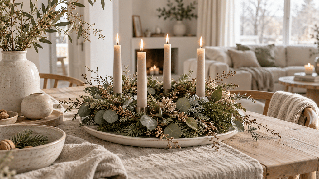 Skandinavischer Adventskranz aus Tannenzweigen mit vier cremefarbenen Kerzen, kleinen Zapfen und Leinenband auf einem hellen Holztisch.