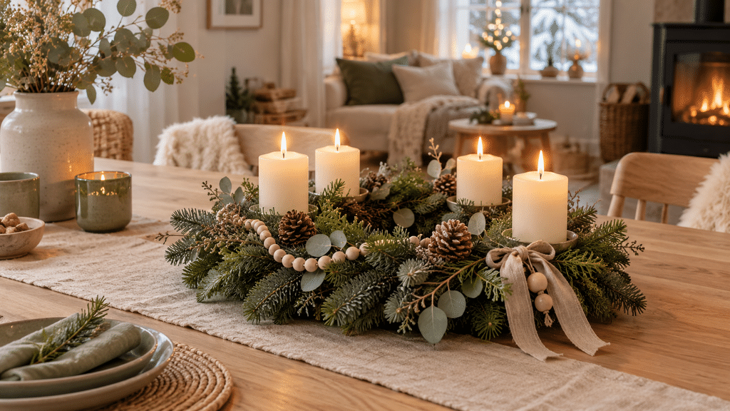 Skandinavischer Adventskranz mit cremefarbenen Kerzen, Tannengrün, Eukalyptus, Zapfen und dezenten Holzperlen als natürlichem Akzent.