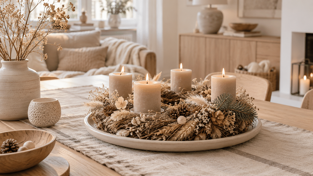 Skandinavischer Adventskranz in Sand- und Naturtönen mit getrockneten Gräsern, Holzelementen, vier sandfarbenen Kerzen und einem einzelnen Tannenzweig auf hellem Keramikteller.