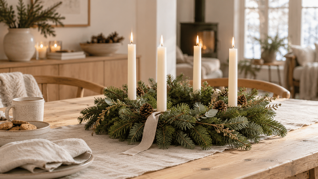 Skandinavischer Adventskranz aus Tannenzweigen mit vier cremefarbenen Kerzen, kleinen Zapfen und Leinenband auf einem hellen Holztisch.
