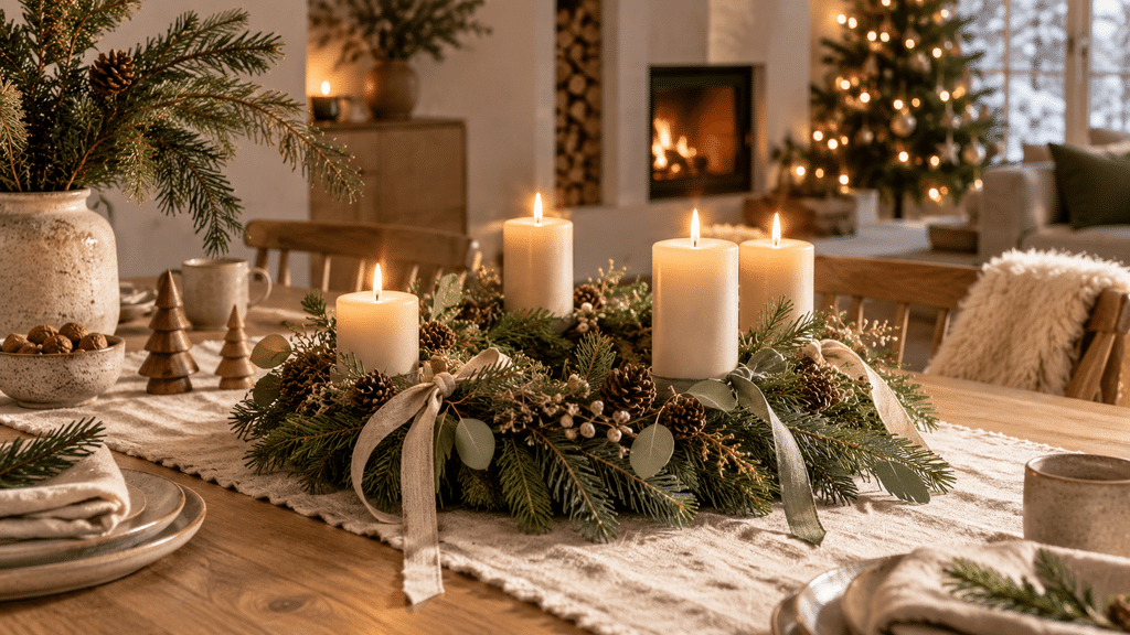 Skandinavischer Adventskranz mit cremefarbenen Kerzen in schwarzen Kerzenhaltern, Tannengrün, Zapfen und Leinen auf einem hellen Holzbrett.