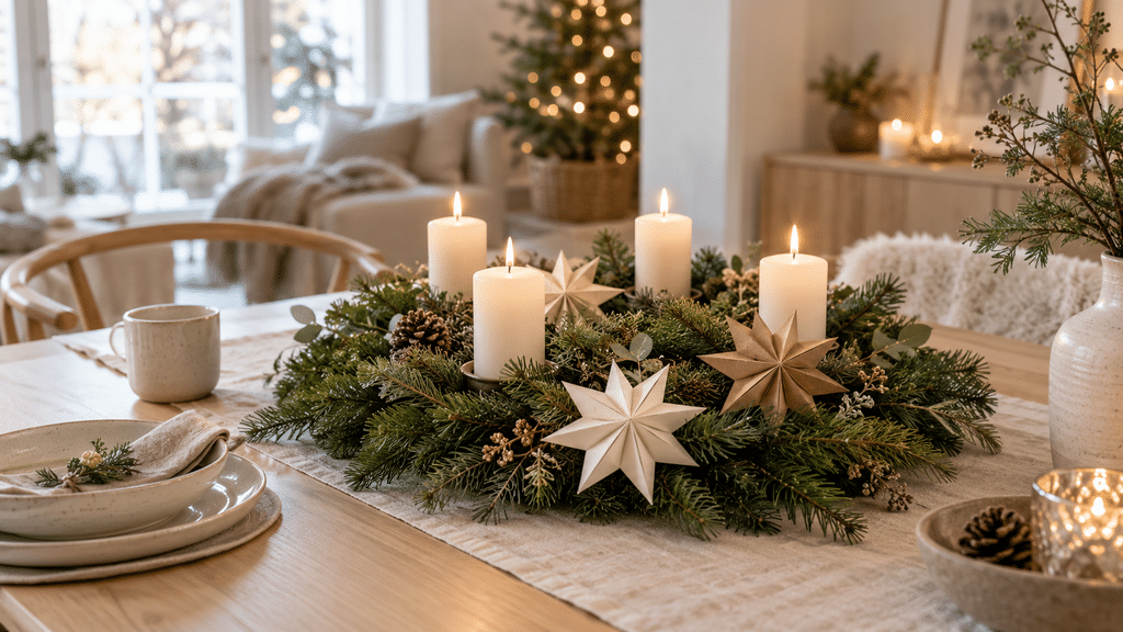 Skandinavischer Adventskranz mit lockeren Tannenzweigen, vier cremefarbenen Kerzen und großen Papiersternen in Warmweiß, Beige und Kraftpapier auf einem hellen Holztisch.