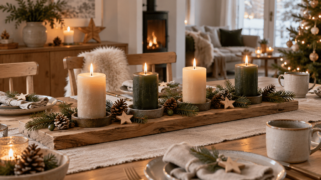 Vier Adventskerzen in Beige und Dunkelgrün auf einem länglichen Holzbrett mit Tannenzweigen, Zapfen und kleinen Holzsternen im skandinavischen Stil.
