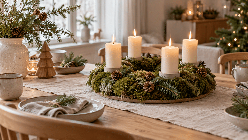 Skandinavischer Adventskranz aus weichem grünem Moos mit vier cremefarbenen Kerzen, kleinen Zapfen und Tannenspitzen auf einem hellen Holztisch mit Leinenläufer.
