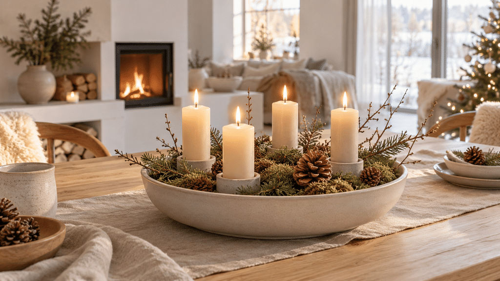 Skandinavische Adventsschale aus matter Keramik mit vier beigen Kerzen, Moos, Tannenspitzen, Zweigen und Zapfen auf einem hellen Holztisch.